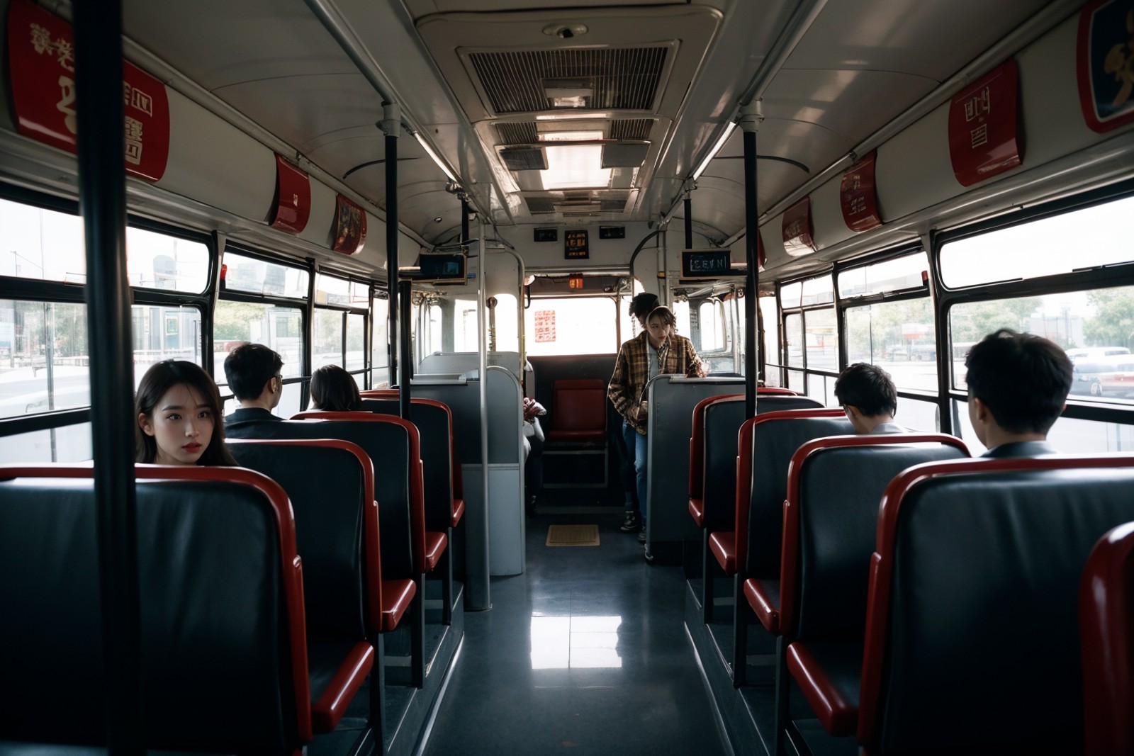 cinematic photo indoors,<lora:bus interior_v1:0.3>,ruanyi047,bus interior,standing,multiple girls,multiple boys,(people:1....